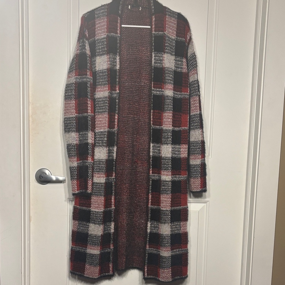 Plaid Long Open-Front Women’s Sweater Cardigan - Red/Black
